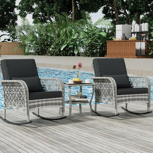 3 Piece Gray Wicker Patio Rocking Chair Set, Bistro Rocking Set, Outdoor Conversation Furniture with Porch Chairs and Glass Coffee Table, Slate Grey-0