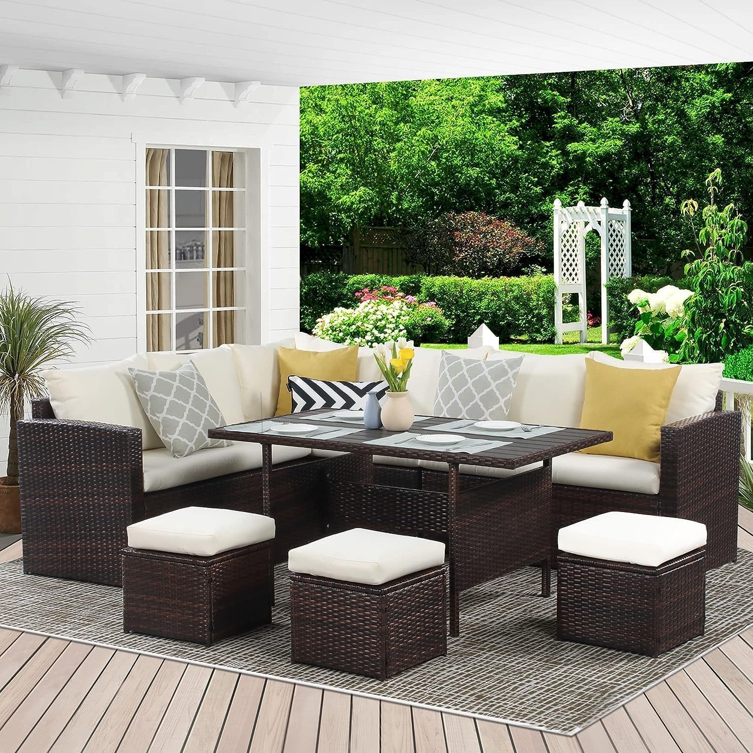 Patio Furniture Set, 7 Piece Outdoor Dining Sectional Sofa with Dining Table and Chair, All Weather Wicker Conversation Set with Ottoman, Brown-1