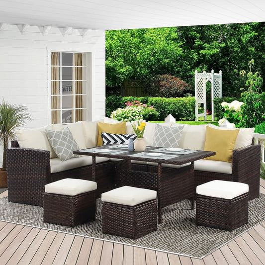 Patio Furniture Set, 7 Piece Outdoor Dining Sectional Sofa with Dining Table and Chair, All Weather Wicker Conversation Set with Ottoman, Brown-1
