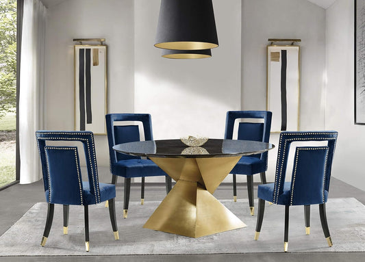 Elsie Dining Side Chair Velvet Upholstered Nailhead Trim Seat Espresso Finished Gold Tip Tapered Wood Legs Modern Transitional (Set of 2), Navy-1