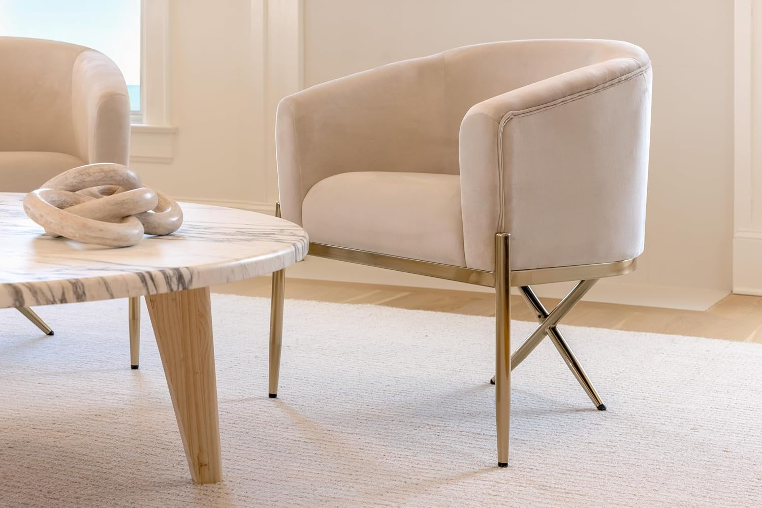 Arm Chair for Living Room and Dining Room with Upholstered Easy Clean Velvet and X Shaped Gold Legs, Ivory-4