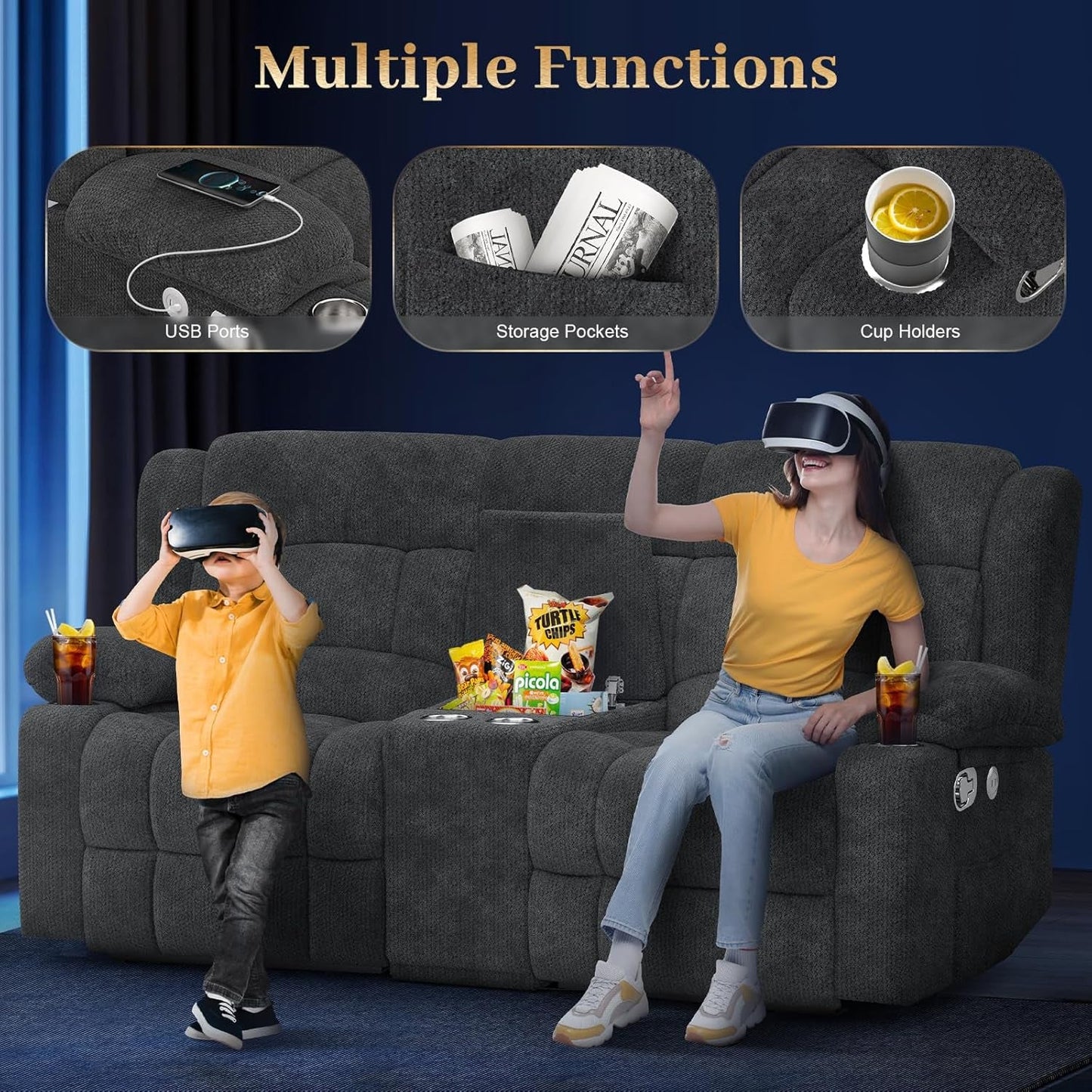 Loveseat Recliner Sofa, 2 Seater Curved Sofa for Living Room, Reclining Loveseat Sofa with Storage Console, Fabric Manual Pull Tab Reclining Loveseat with USB Charge Ports, Cup Holders (Grey)-3