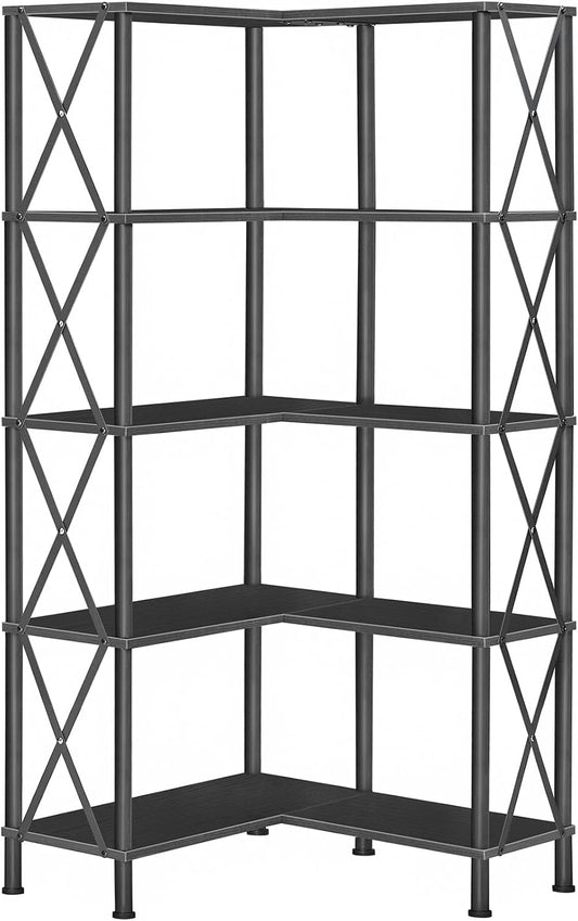 Corner Bookshelf, 5-Tier L-Shaped Bookcase, Industrial Open Display Shelf Tall Storage Organizer, Vertical Storage Rack, for Living Room, Home Office, Black BB60SJ01-0