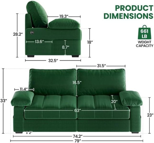 79" Velvet Couch, Comfy Sofa with Pocket Coils, Deep Seat, Storage Pockets and USB Ports, 2 Seater Modern Loveseat Sofas with Removable Cover, Pillow Top Arms for Living Room Apartment Green-1