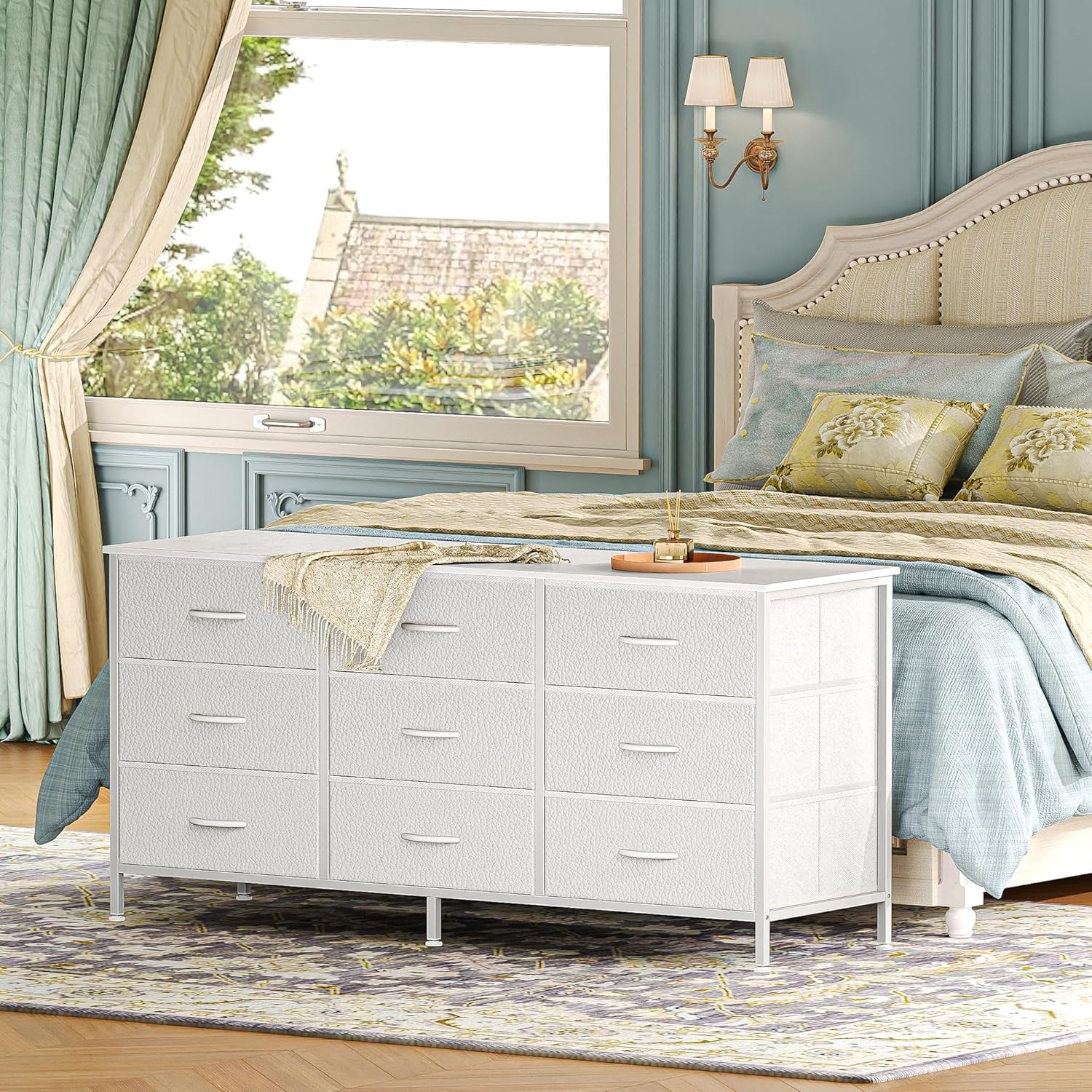 9 Drawer Dresser, 47 Inch Dresser TV Stand for 50, 55 Inch TV, Entertainment Center with Drawers, Fabric Dresser Chest of Drawer for Bedroom, Closet, PU Leather Surface, White-1