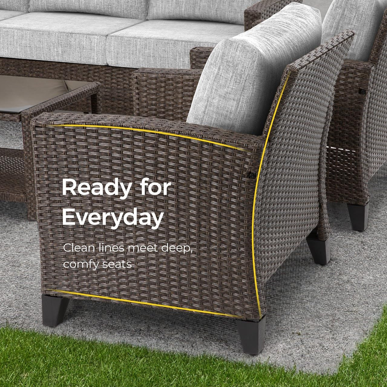 Outdoor Patio Furniture Set, 4 Piece Outdoor Rattan Sofa Set, All Weather Wicker Conversation Set with Coffee Table for Porch Backyard Garden, Grey-2
