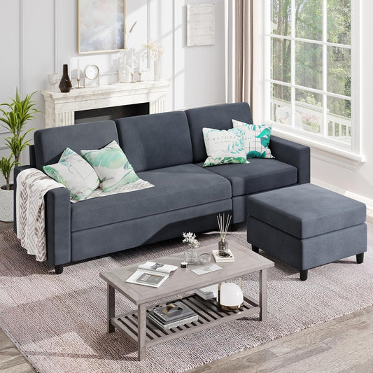 Dark Gray 3-Seat L-Shape Sectional Sofa Ottoman-0