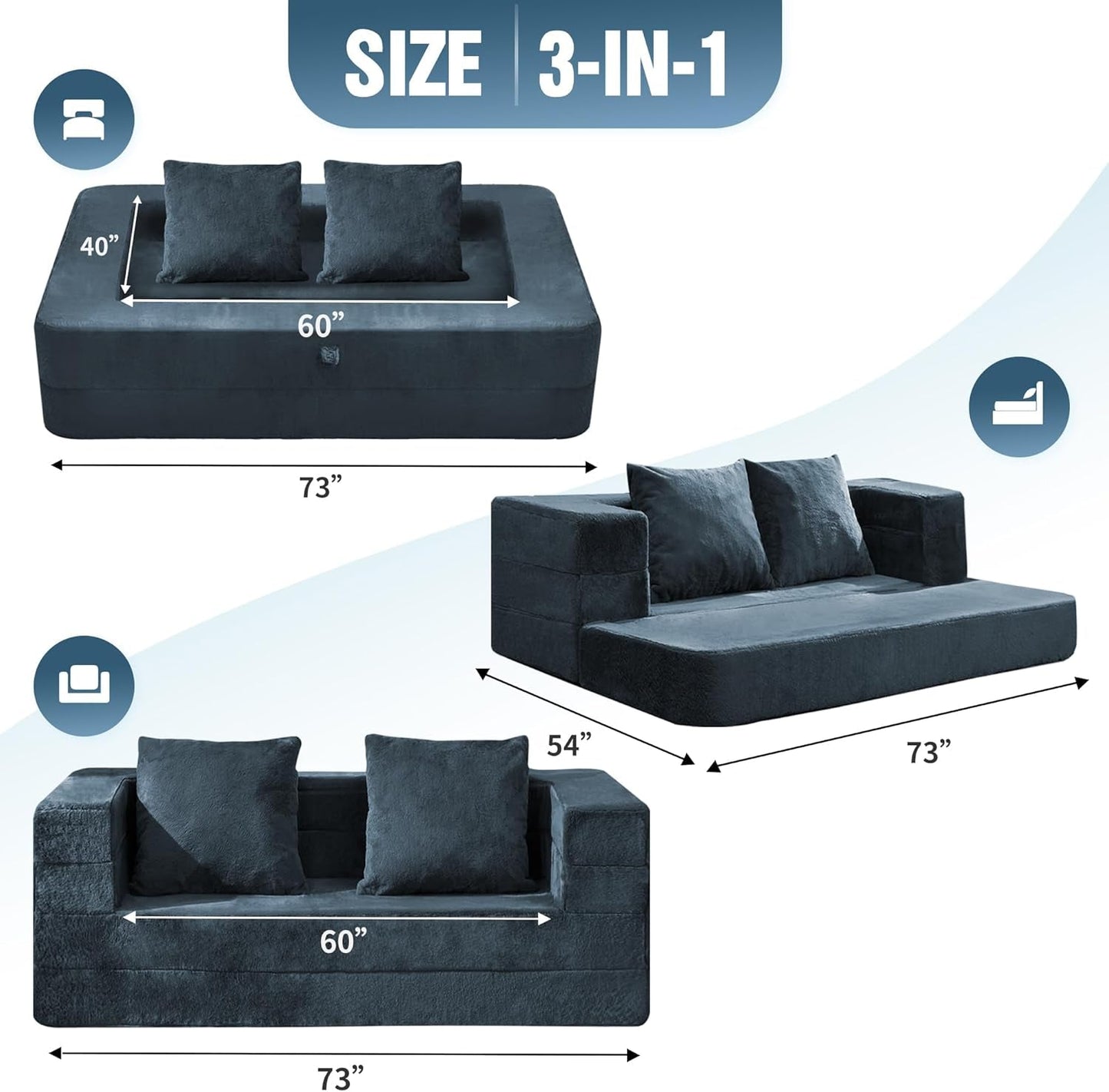 Blue Gray Large 3-in-1 Folding Bean Bag Couch-2