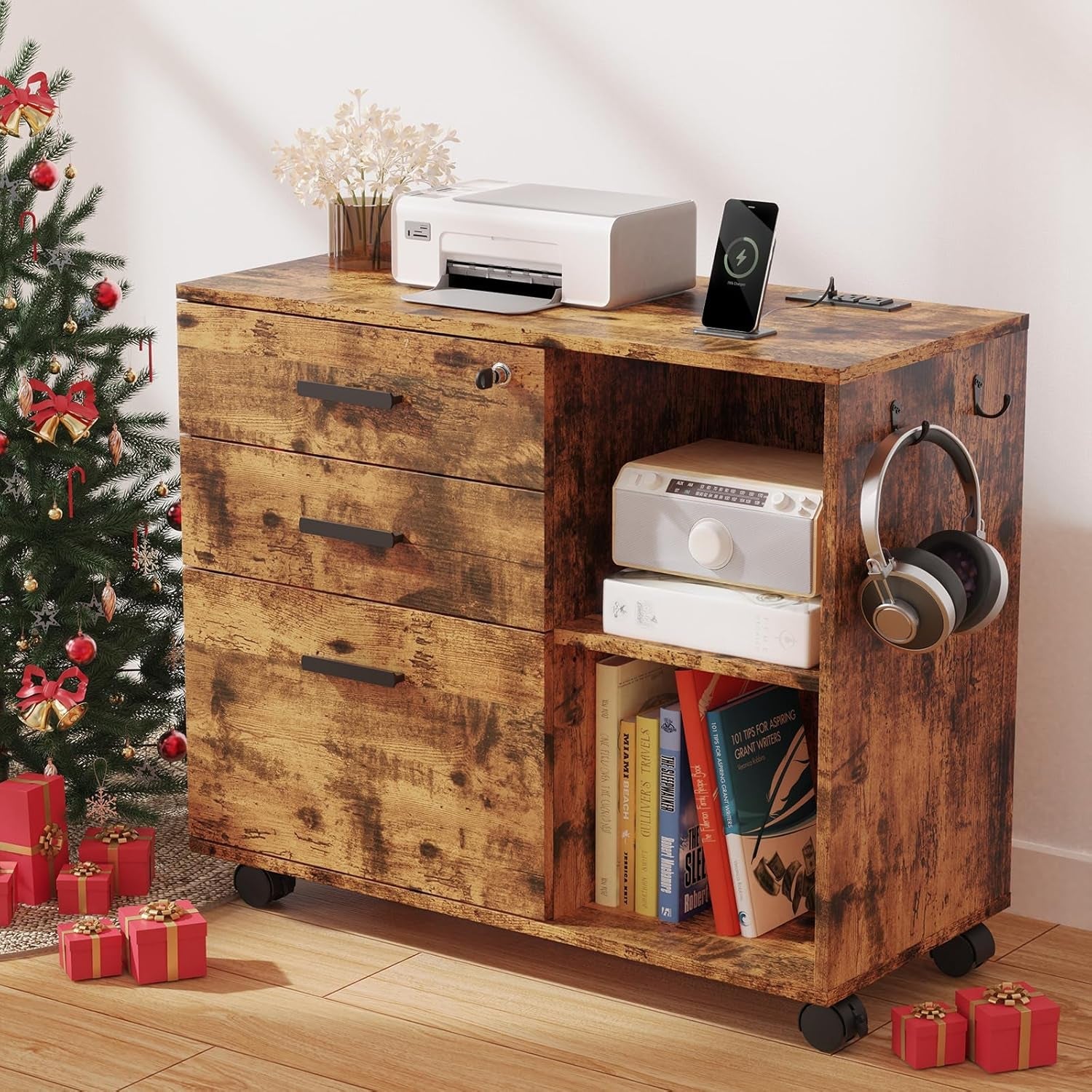 3 Drawer File Cabinets for Home Office with USB Charging Port and Lock Printer Cabinet with Storage Wood Filing Cabinet with Open Shelves Mobile File Cabinet with Lockable Livingroom Furniture-0