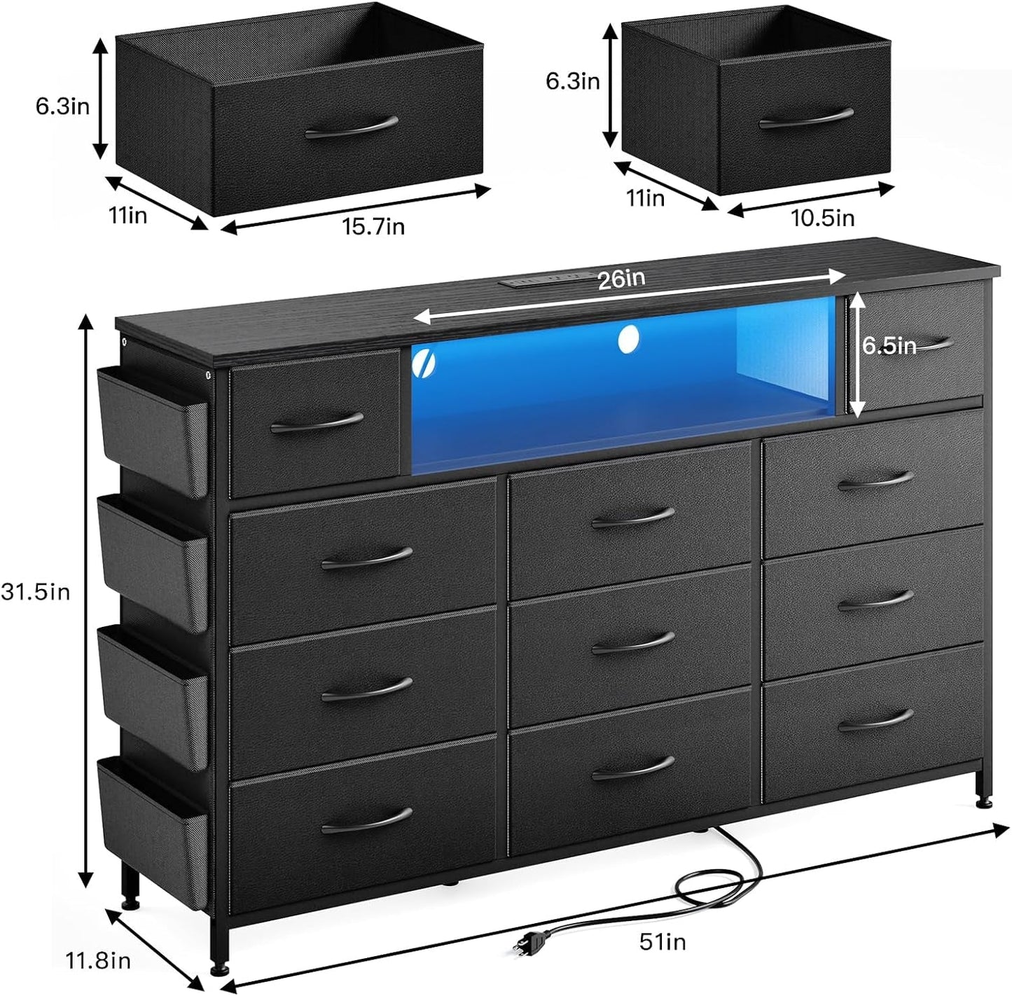 Black Dresser for Bedroom with 11 Drawers and Power Outlets LED Lights with Side Pocket for Kids Bedroom, Fabric Chest of Drawers, for 60Inch TV Long Dresser Storage Organize-2