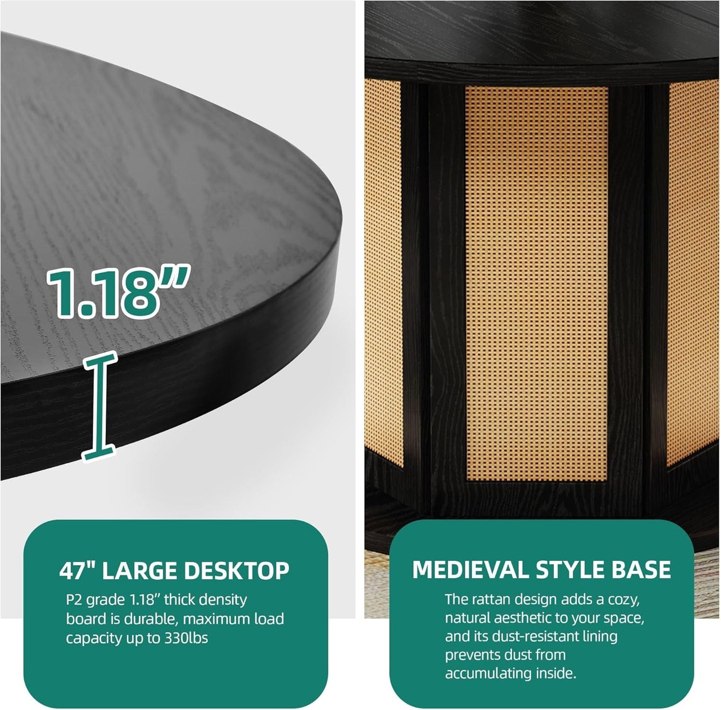 round Dining Table for 4-6 People 47 Inch Circle Dining Table with Wooden Rattan Base Modern Farmhouse Kitchen Table round for Dining Room Kitchen Apartment Black-3