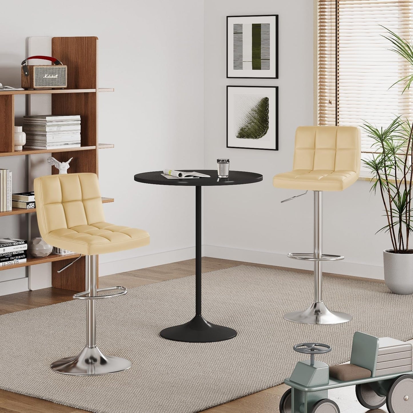 Bar Stools Modern Pu Leather Swivel Adjustable Hydraulic Bar Stool Square Counter Height Stool Set of 2 (Beige)-1