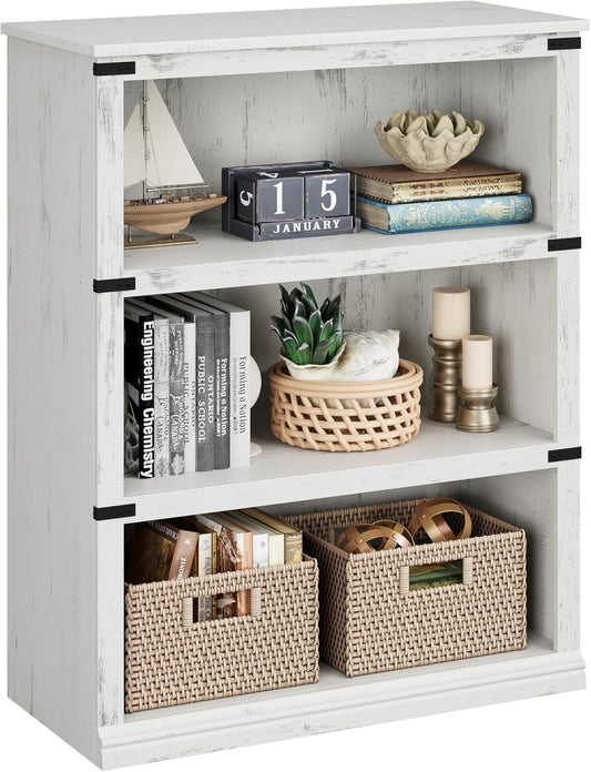 3 Tier Bookcase, Farmhouse Book Shelf with Storage, Low Book Case Wooden 3 Shelf Bookcase for Home Office, Living Room, Bed Room (White, 40.0" H X 31.5" W X 12.2" D)-0