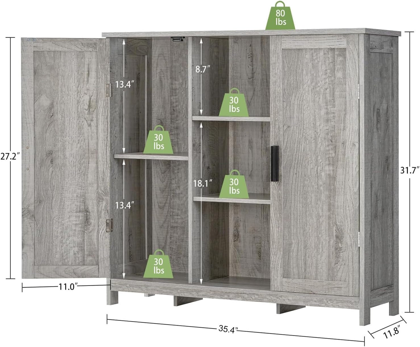 Storage Cabinet with 2 Doors and 4 Adjustable Shelves, Buffet Cabinet with Storage, Floor Cabinet for Living Room, Entryway, Kitchen, Grey-2