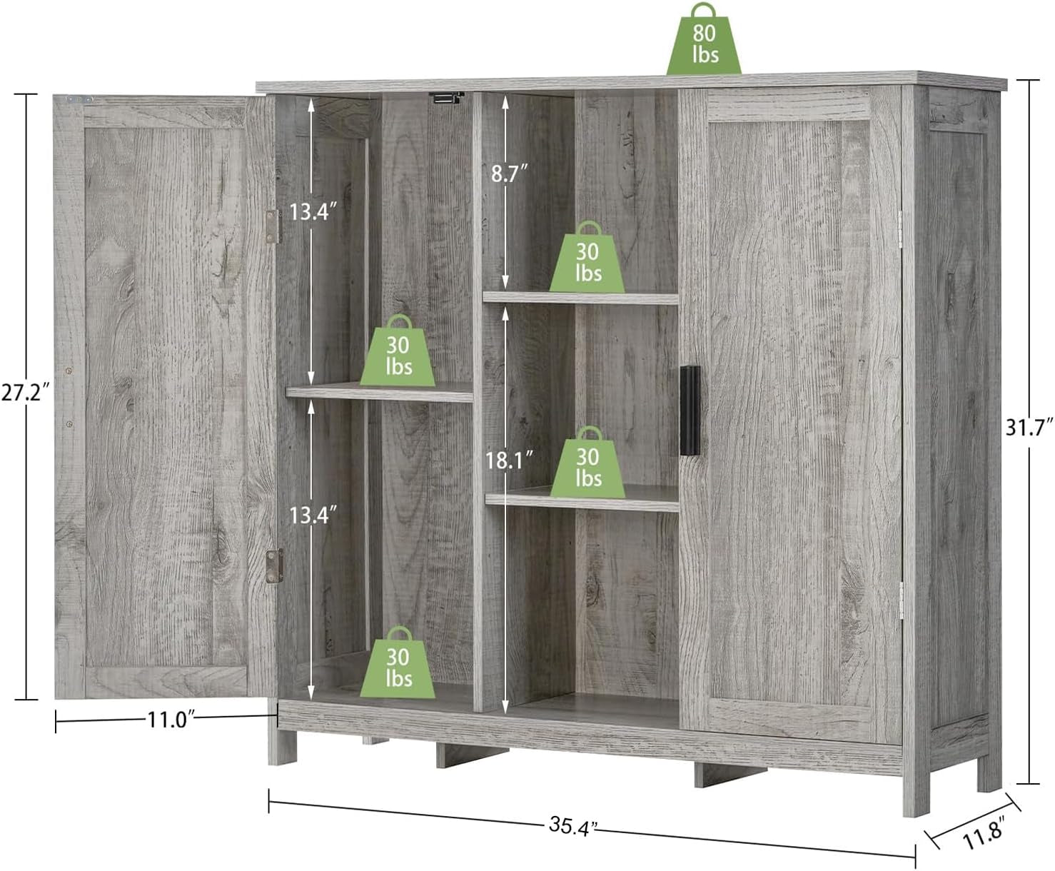 Storage Cabinet with 2 Doors and 4 Adjustable Shelves, Buffet Cabinet with Storage, Floor Cabinet for Living Room, Entryway, Kitchen, Grey-2