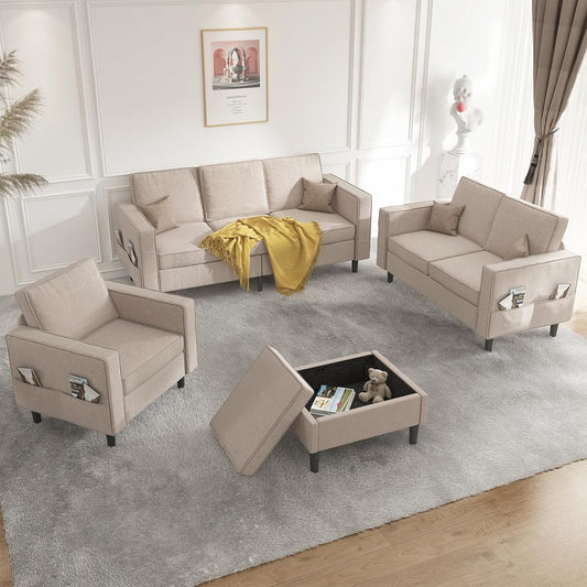 Sectional Sofa Set for Living Room, 4Pcs Couches Modern Sofas with Movable Storage Ottoman/Side Pockets/Modern Sofas/Easy Assembly/Free Combination - Beige-0