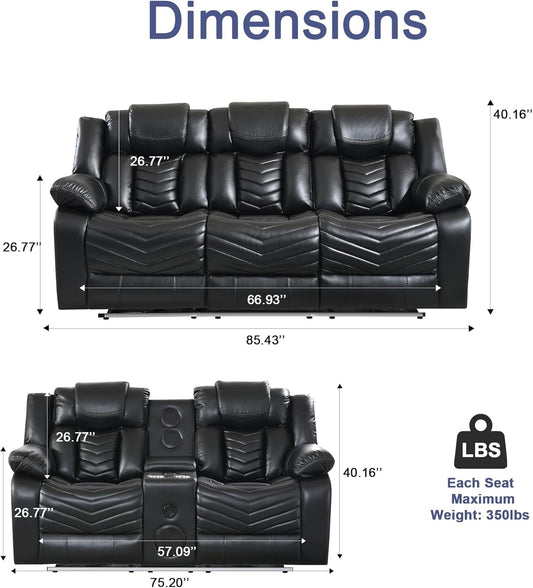 Power Reclining Sofa Set with LED Light,0 Gravity Air Leather Recliner Sofa Set with Bluetooth Speaker,Wireless Charger,Storage Console,Usb Ports,Cup Holders for Living Room/Office(2Pcs,Black)-1