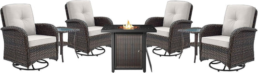 7 Pieces Patio Furniture Set with Fire Pit Table - 4 Outdoor Swivel Rocker Chairs with 50000BTU Propane Fire Table and 2 Side Table, Outdoor Conversation Set for Casual Gathering Brown-0