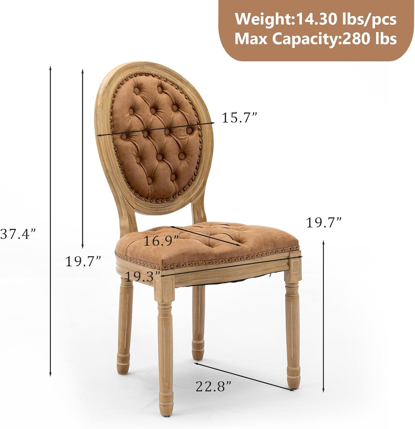 PU Leather Upholstered Dining Chairs Set of 6 French Country round Back Kitchen Side Chairs with Nailhead Trim and Wood Legs for Dining Room, Kitchen, Restaurant(Orange)-2