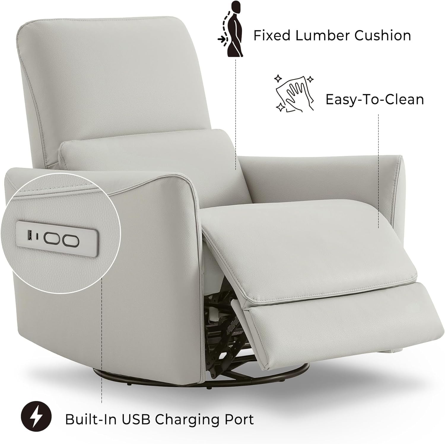 Power Recliner Chair Swivel Glider, FSC Certified Upholstered Faux Leather Living Room Nursery Reclining Sofa Chair with Lumbar Support, Cream-3