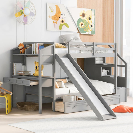 Twin over Twin Bunk Bed with 4 Drawers and Storage Staircase, Wood Bed Frame with Desk and Shelves, Twin Beds with Slide and Full-Length Guardrails for Kid'S Room or Dormitory, Gray-0