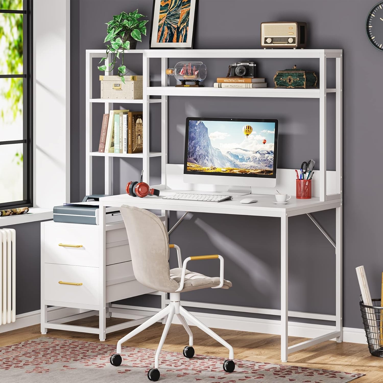 55 Inch Computer Desk with 2 Drawers and Storage Shelves, Rustic Office Desk with Hutch, Study Writing Gaming Table Laptop Workstation for Home Office (White)-3