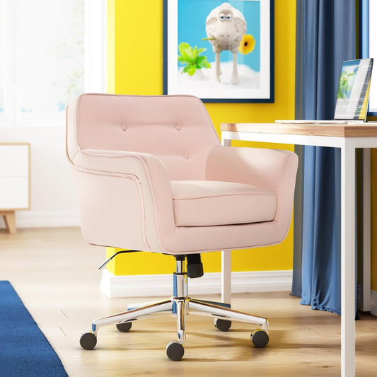 Ashland Home Office Desk Chair with Button Tufted Back, Memory Foam Cushion and Padded Arms, Mid Century Modern Vanity Armchair with Wheels for Bedroom, Chrome Metal Base, Fabric, Blush Pink-1