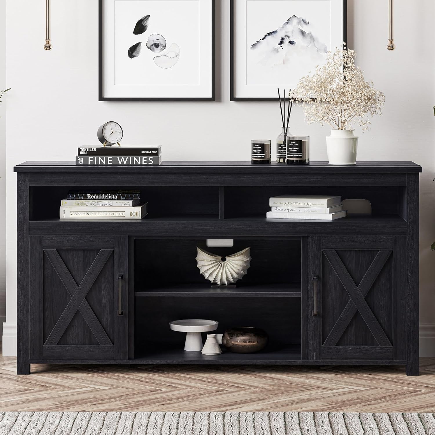 58 Inch TV Stand, Contemporary Entertainment Center for Tvs up to 65", Wood Media Console Table with Two Open Shelves and Barn Door Cabinets - Corin (Rustic Grey)-1