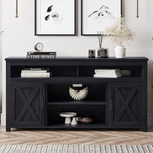 58 Inch TV Stand, Contemporary Entertainment Center for Tvs up to 65", Wood Media Console Table with Two Open Shelves and Barn Door Cabinets - Corin (Rustic Grey)-1