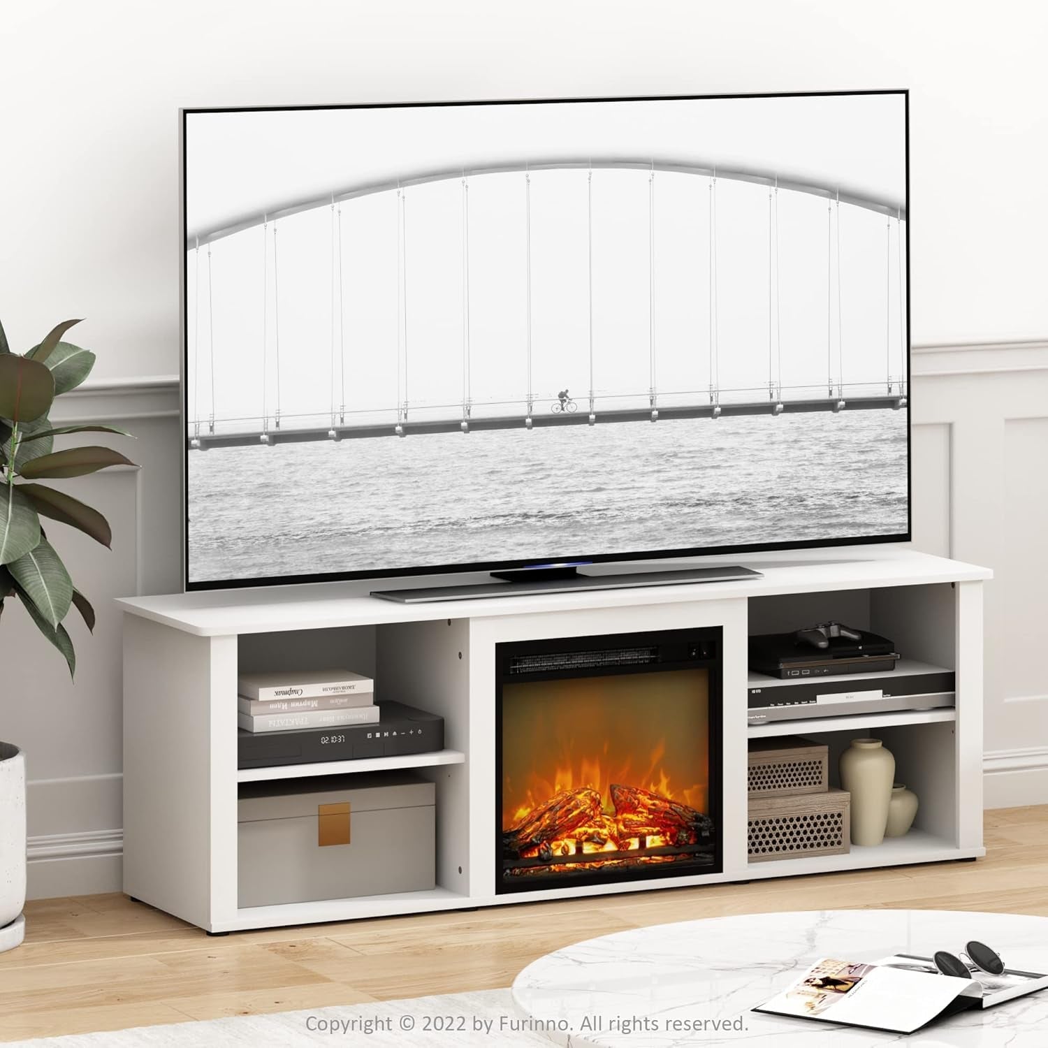 Classic 70 Inch TV Stand with Fireplace, Solid White-2