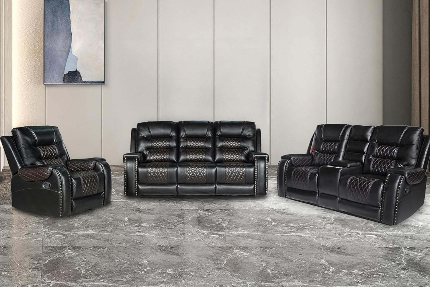 PU Leather Sofa Set, 3 Pieces Living Room Set with Cup Holders, Manual Recliner Sofa &Loveseat & Chair, Black-3
