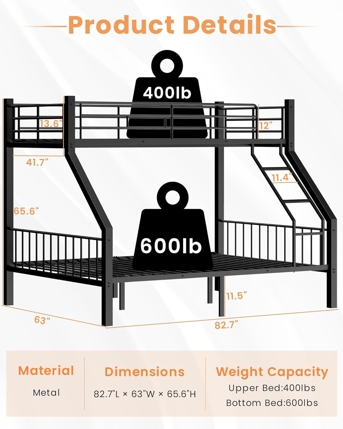 Twin XL over Queen Bunk Bed, Heavy Duty Bunk Bed with Safety Ladder and Full-Length Guardrails, Metal Queen Bed Frame with Slats Support for Adults, Teens, Kids, Black-1