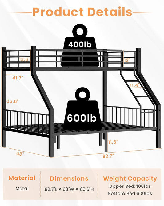 Twin XL over Queen Bunk Bed, Heavy Duty Bunk Bed with Safety Ladder and Full-Length Guardrails, Metal Queen Bed Frame with Slats Support for Adults, Teens, Kids, Black-1