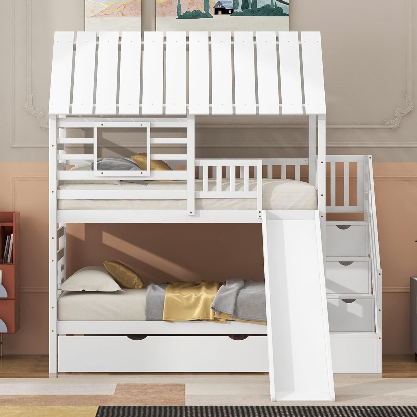Kids Twin over Twin Bunk Beds with Slide and Trundle, Solid Wood Bunk Bed Frame with Stairs and Storage, Playhouse Bunk Bed with Roof and Window for Kids, Teens, Girls & Boys (White)-0