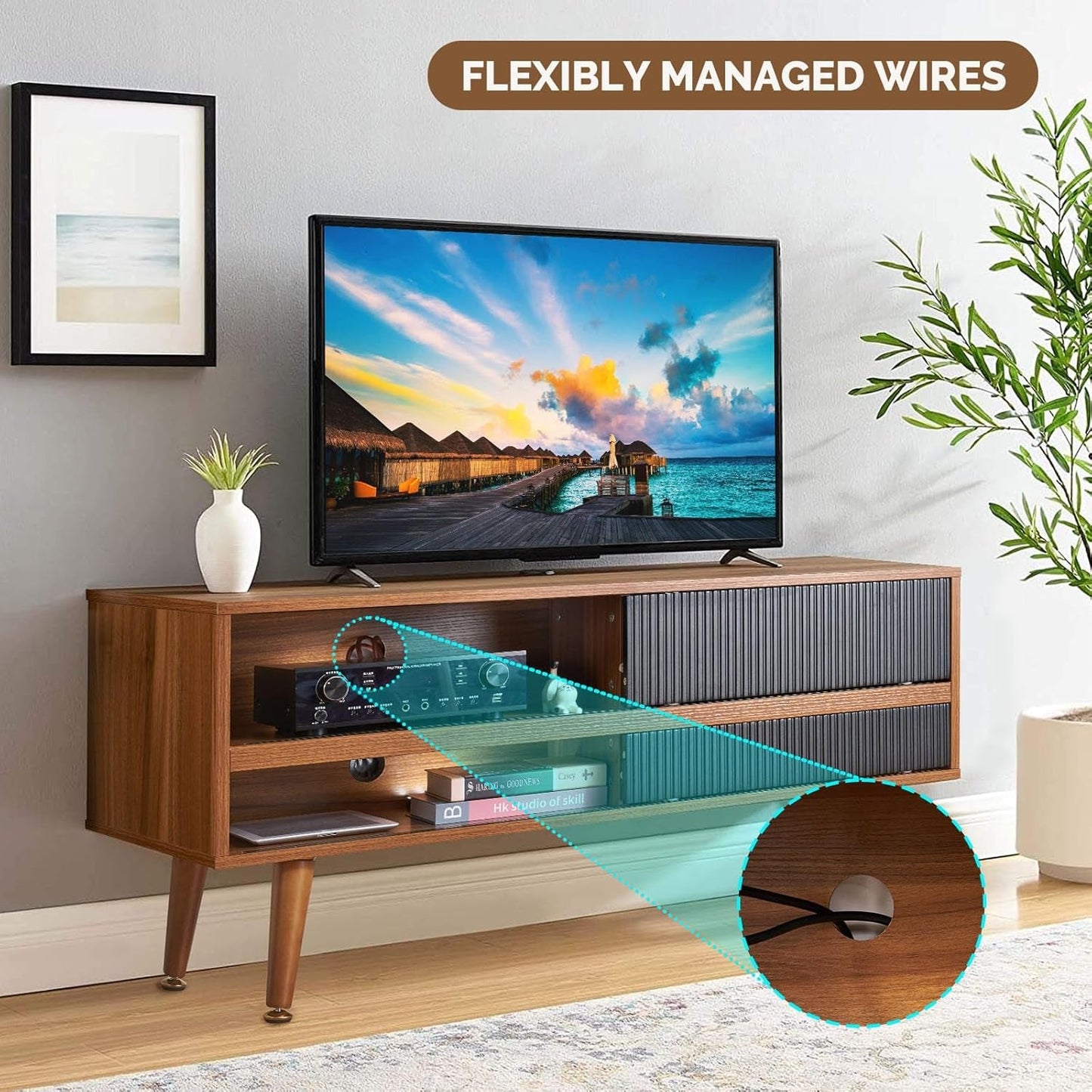 TV Stand for 46 Inch TV Mid Century Entertainment Center with Storage, Sliding Door TV Stand with 4 Shevels, Media Console Table, Low Cabinet for Home, Bedroom, Walnut-3