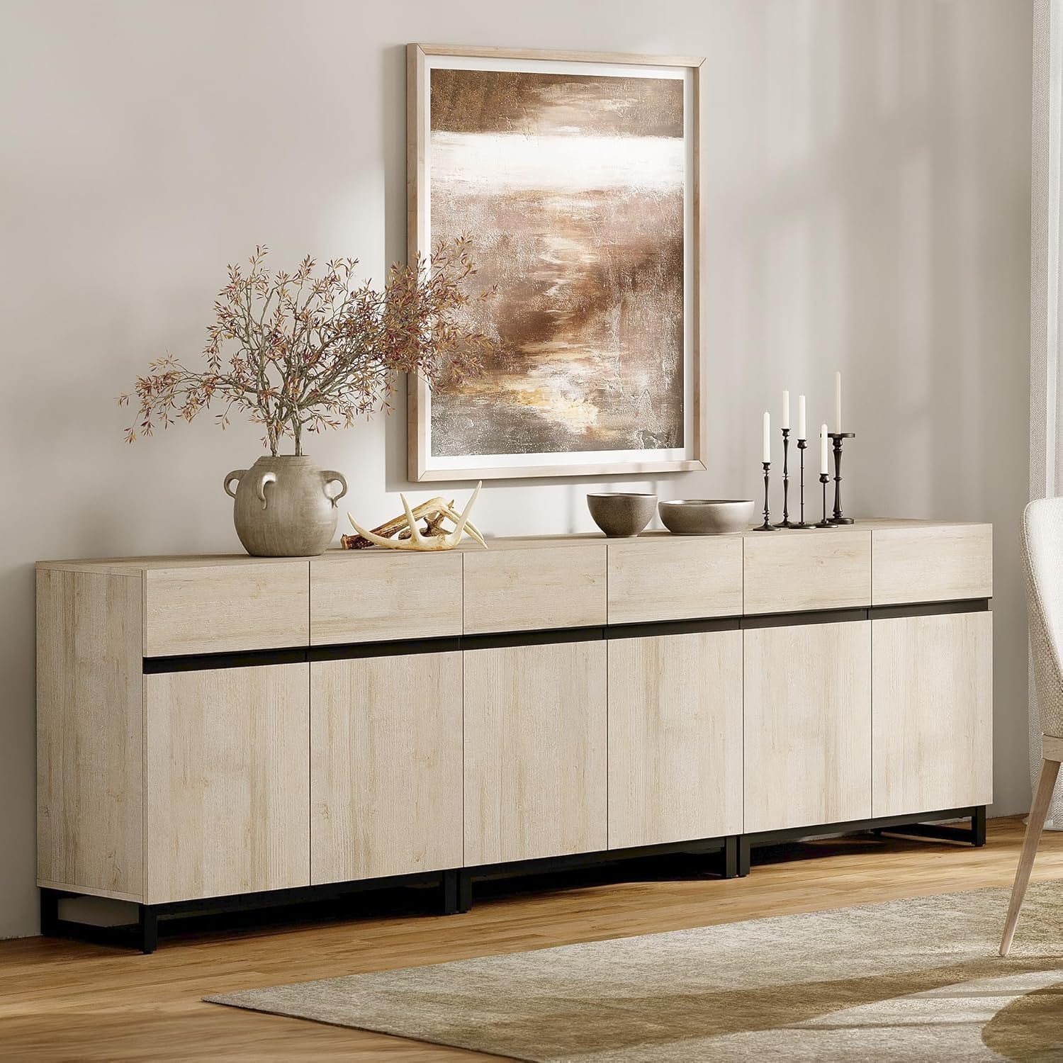 3 in 1 Multifunctional Sideboard Buffet Cabinets, Modern Sideboard with Adjustable Shelf and Metal Base, Coffee Bar Cabinet Storage Cabinet for Living Room,Kitchen,Light Oak-0