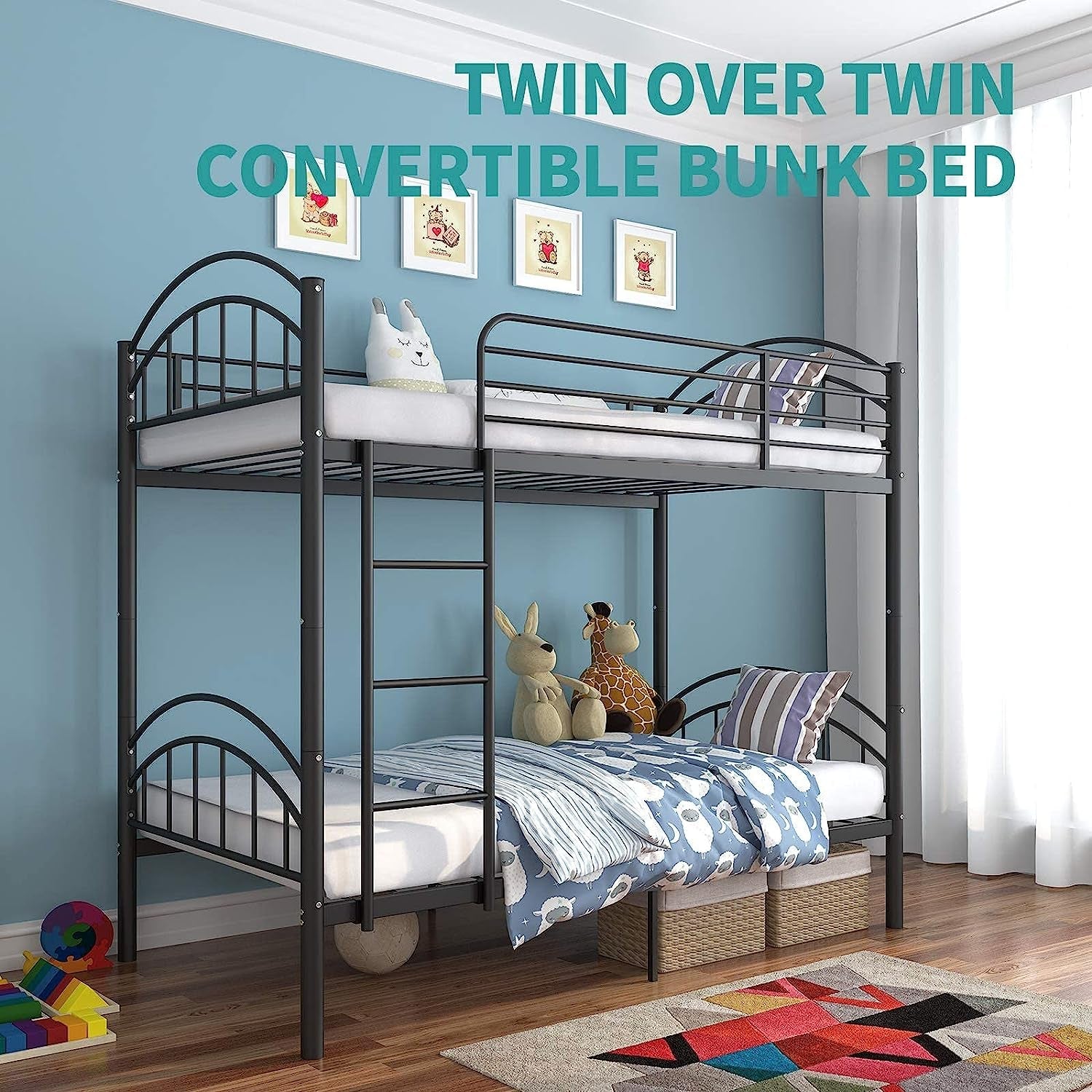 Twin Metal Bunk Bed, Convertible, Black-4