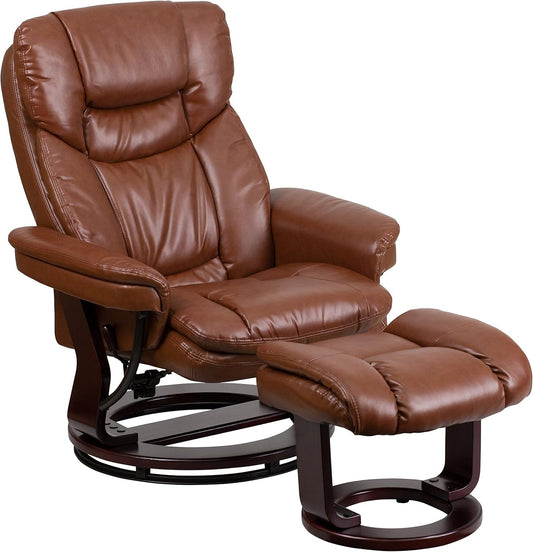 Allie Leathersoft Upholstered Recliner with Footrest, Arms, and Headrest, Padded Swivel Recliner Chair and Ottoman Set, Brown Vintage-0
