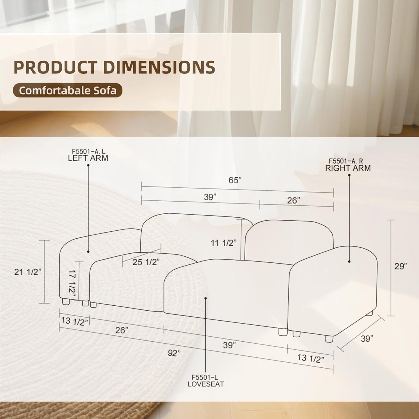 Loveseat Sofa, Modern Living Room Chenille Recliner Sofa, 2 Seater Small Sofa, Removable Sofa Cover Space Spring Cushions and Solid Wood Frame, Easy to Install-1