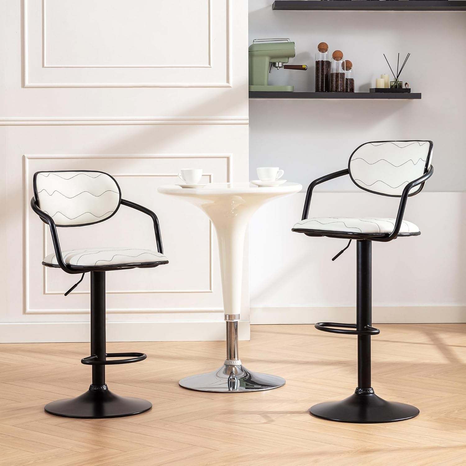 Bar Stools Set of 2, Adjustable Counter Height Barstools with Back and Arm, Swivel Bar Chairs/Pu Leather Kitchen Island Stools for Pub/Dining Room/Living Room, White-1