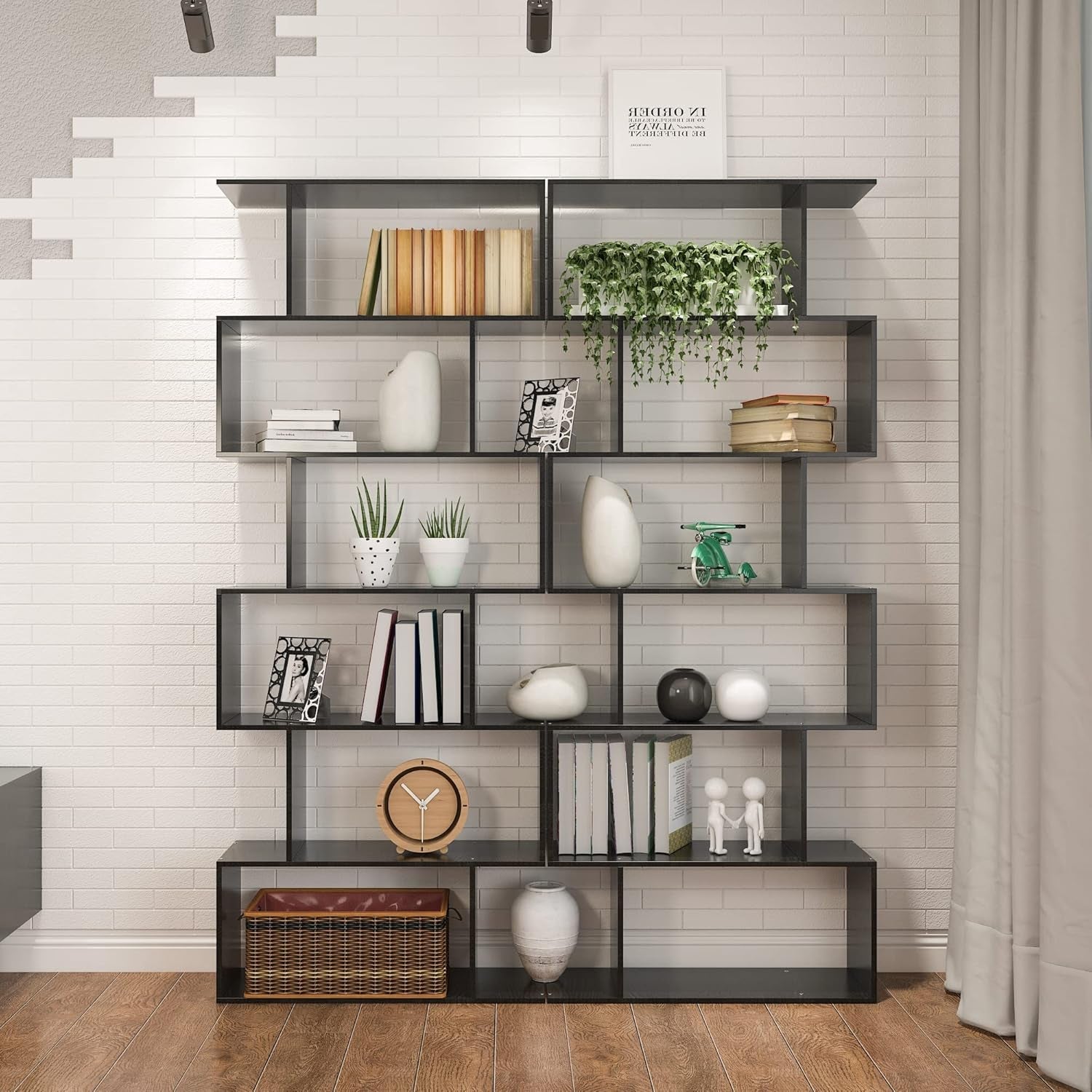 6-Tier Black S-Shaped Modern Geometric Bookshelf-4