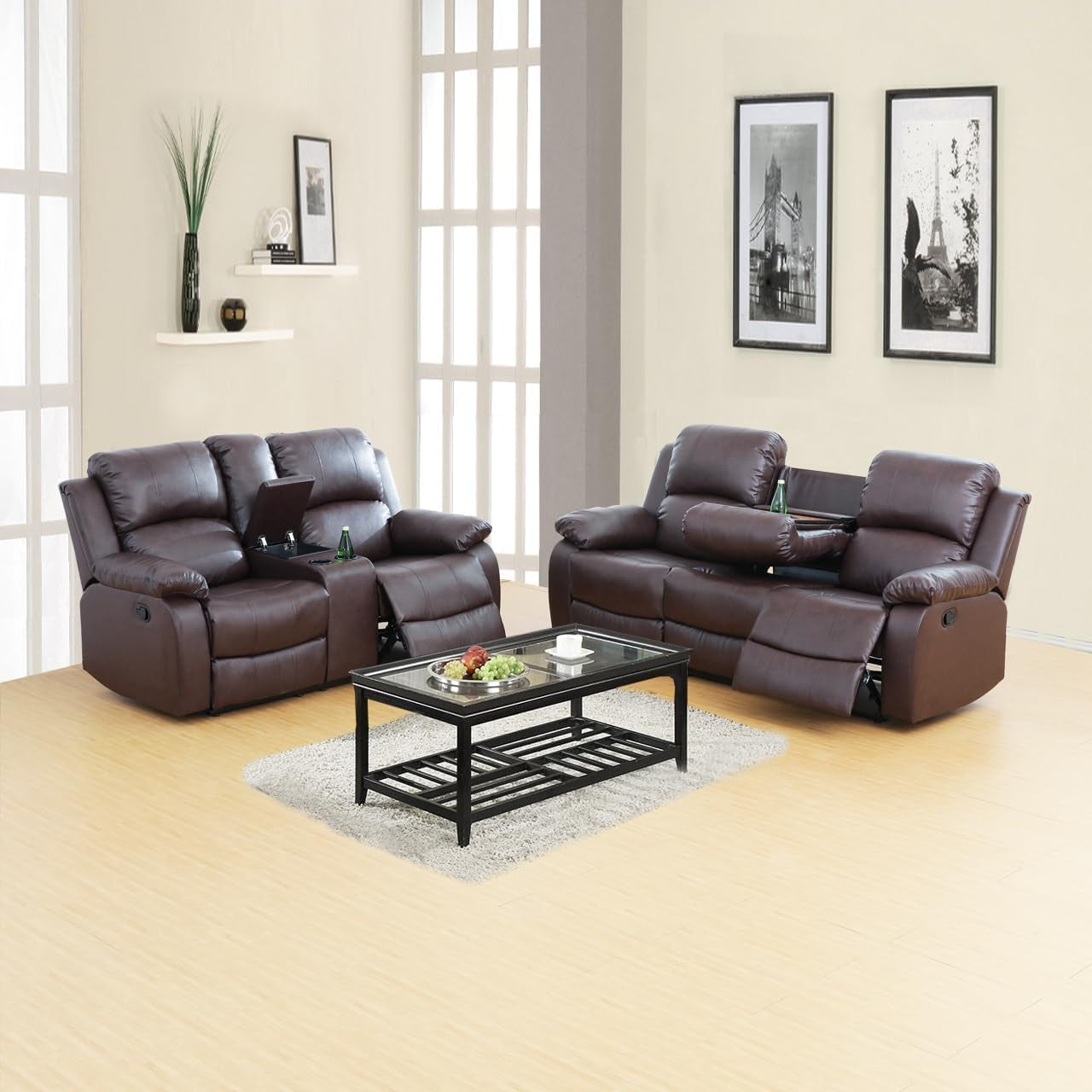 Bonded Leather Living Room Furniture Set Reclining Sofa Set Loveseat Furniture Sets in Living Room Sofa Recliners (Sofa+Loveseat, Brown)-1