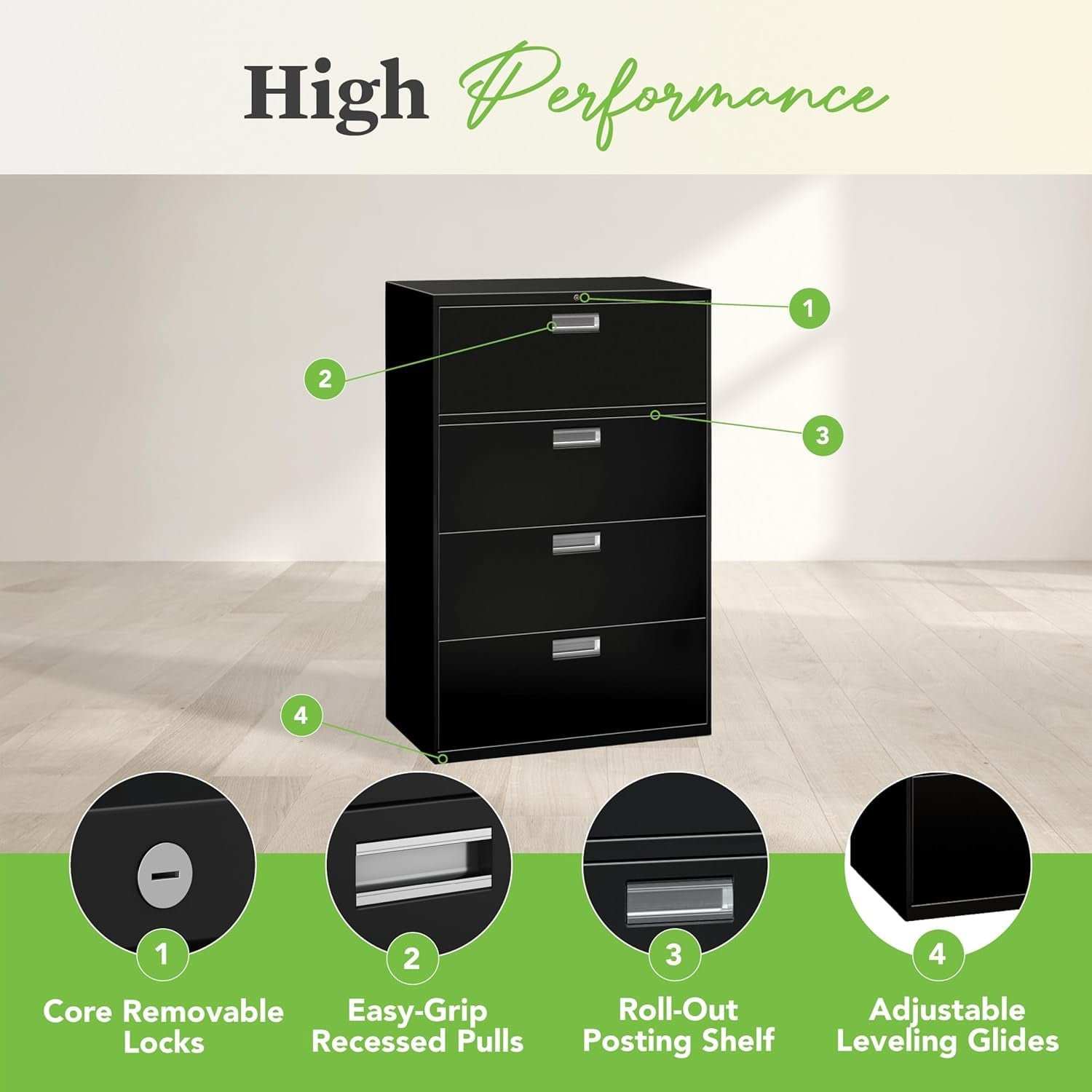 Adjustable Hangrails for A4, Legal, Letter Files Lock-600 Series Lateral Office Storage Locking Metal Cabinet 36" W X 18" D, 4 Drawers, Black-3