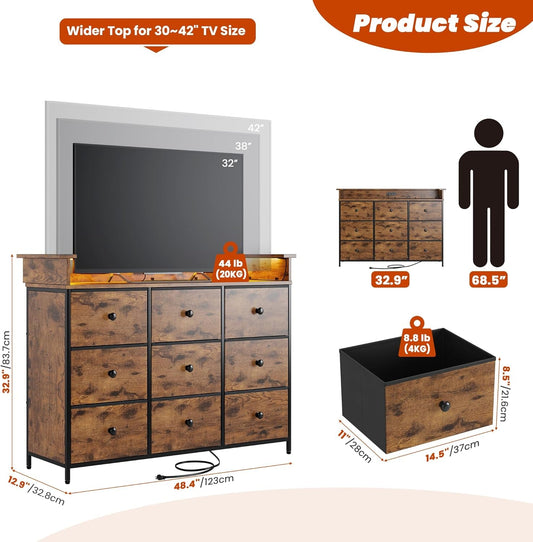Dresser with Led Lights,Tv Stand for Bedroom with Charging Station,9 Drawer Fabric Dresser for Bedroom Hallway,Brown Dresser Chests of Drawers(Rustic Brown)-1