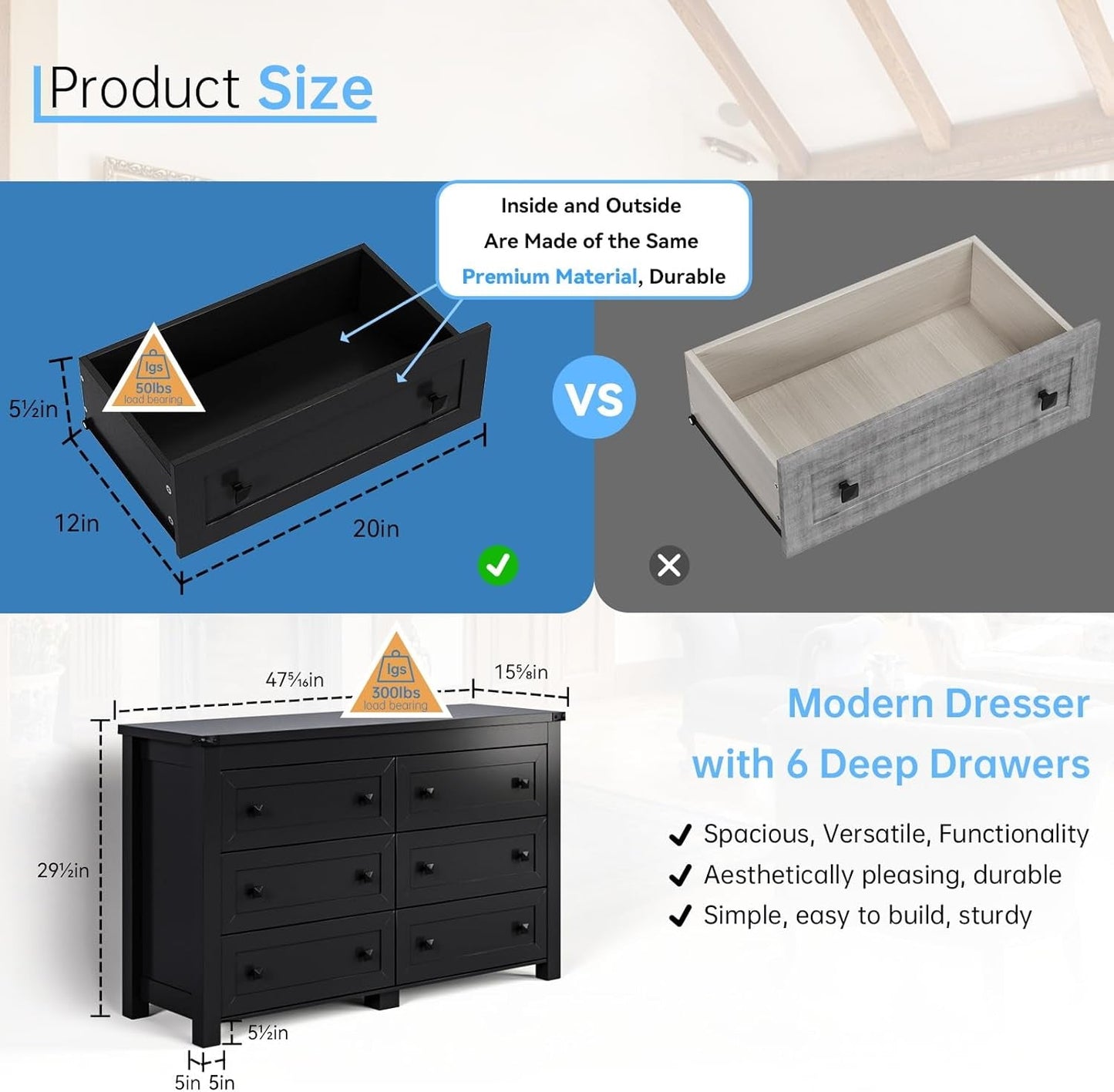 Black Dresser for Bedroom with 6 Drawers, Modern Chest of Drawers, Wood Dressers Bedroom Furniture Wide Storage Drawers Dressers Organizer for Closet, Living Room, Hallway-2