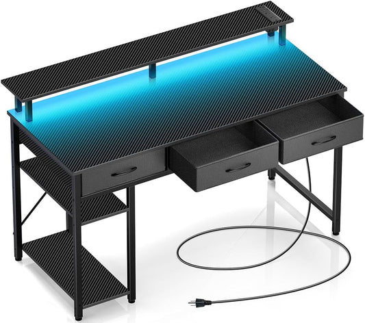 Computer Desk with Power Outlets & LED Light, 47 Inch Home Office Desk with 3 Drawers and Storage Shelves, Writing Desk with Monitor Stand, Modern Work Desk for Home Office, Carbon Black-0