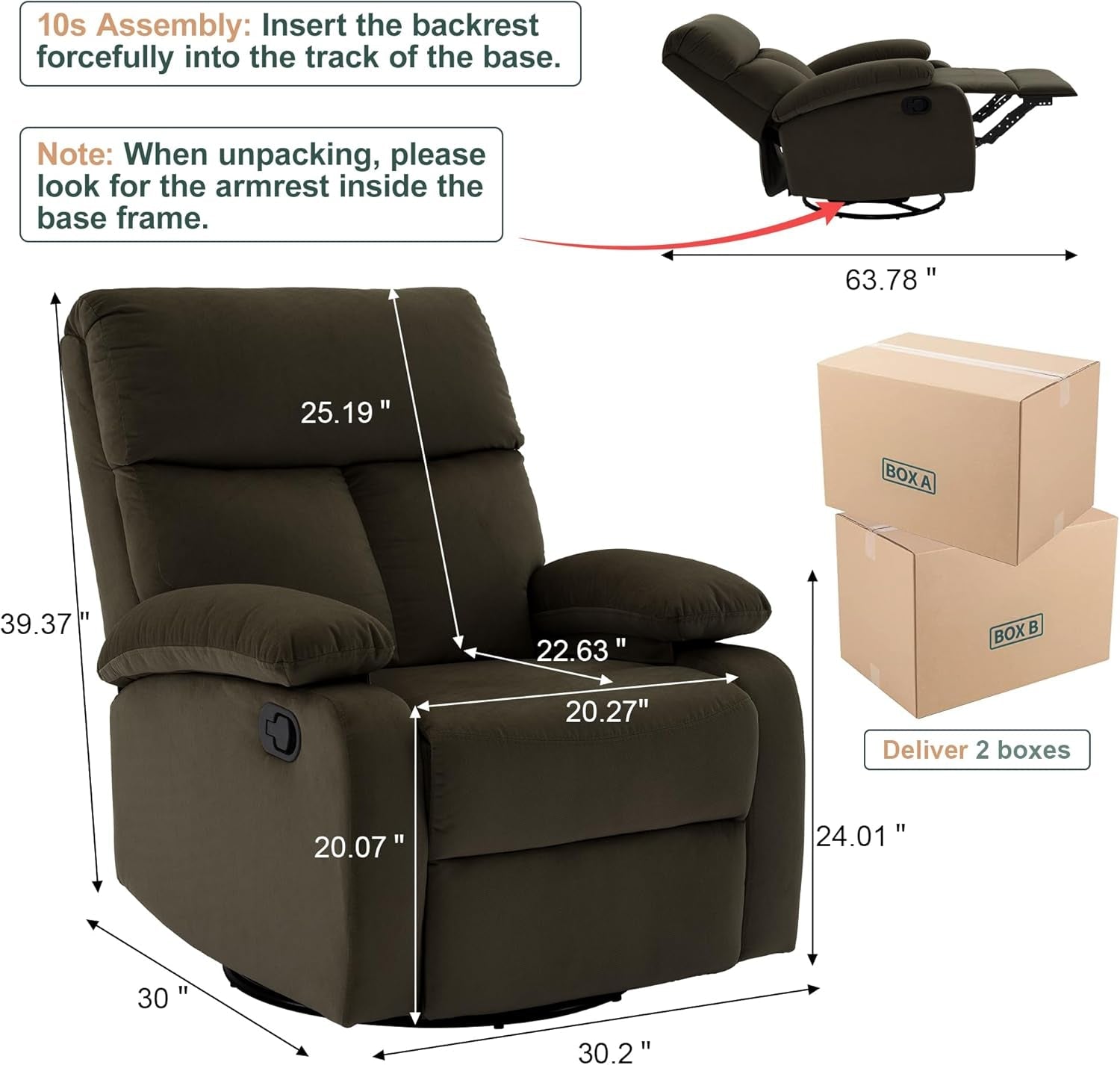 Swivel Rocker Recliner Adults, Rocking Small Recliner Chair for Small Spaces, Small Rocker Recliner Chair for Living Room, RV, Nursery, Bedroom, Dark Brown-1