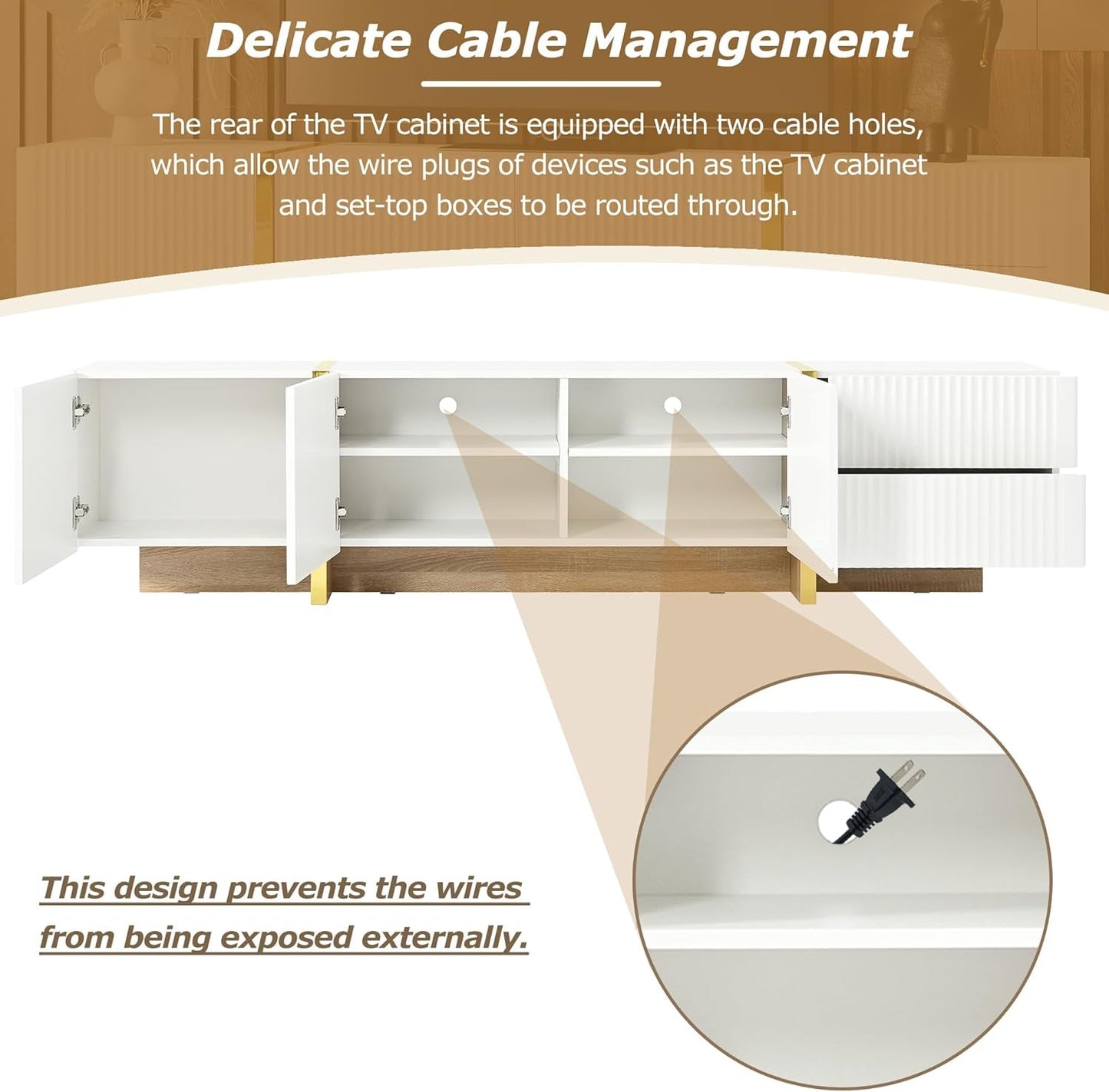 Luxury Fluted TV Stand for Televisions up to 80'', Modern Entertainment Center with Storage Cabinets & Drawers and Golden Wood Grain Legs, Smooth Media Console, for Living Room, White-3
