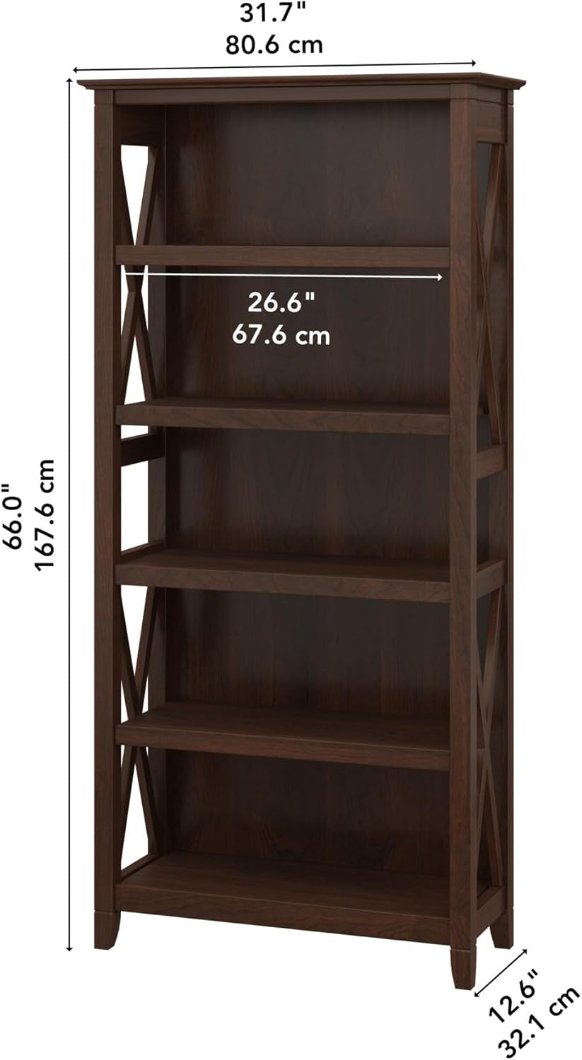 Bush Furniture Tall 5 Shelf Bookcase for Living Room or Home Office, Large Bookshelf, Modern Farmhouse Style, Key West Collection, Bing Cherry-2