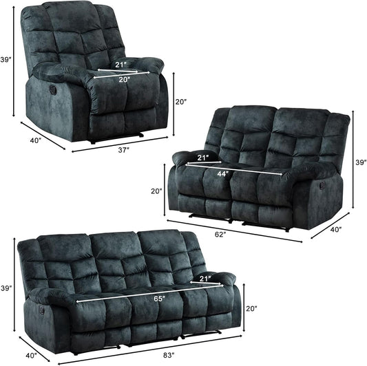 Reclining Living Room Set, One Seat Manual Recliner, Loveseat Recliner Sofa and 3PC Bonded Manual Recliner Set, Grey(Recliner+Loveseat+Sofa)-1